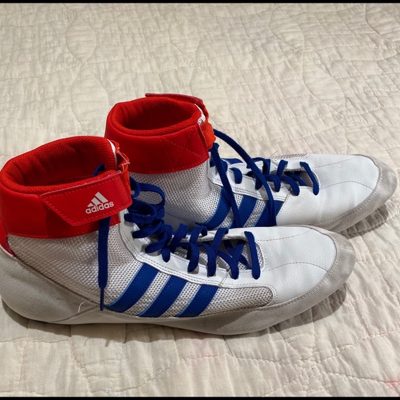 red white and blue adidas wrestling shoes